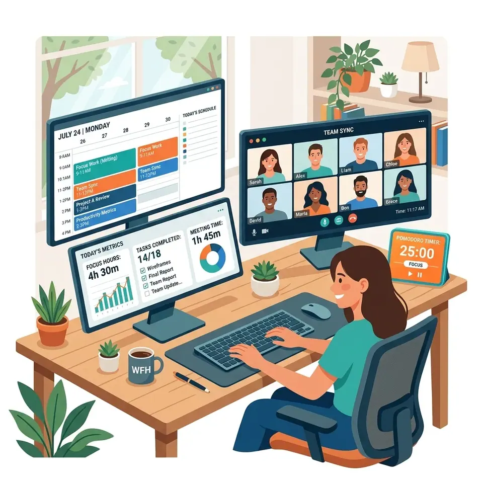 Remote work productivity setup showing time-blocked calendar, Pomodoro timer, and productivity metrics dashboard