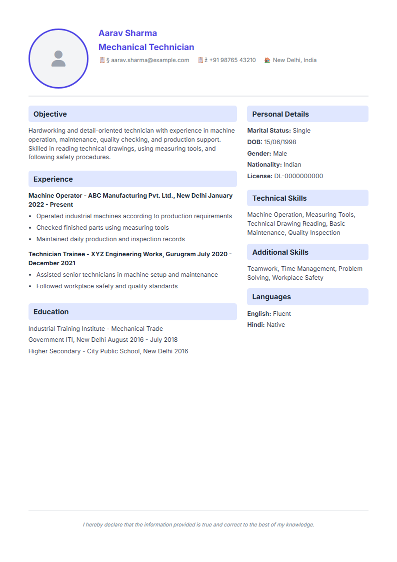 Actual sample of the classic photo CV with two-column details
