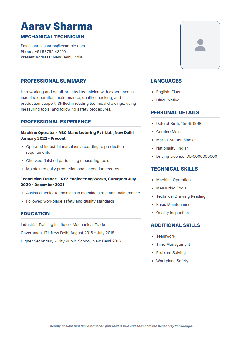 Actual sample of the blue two-column resume with a photo area