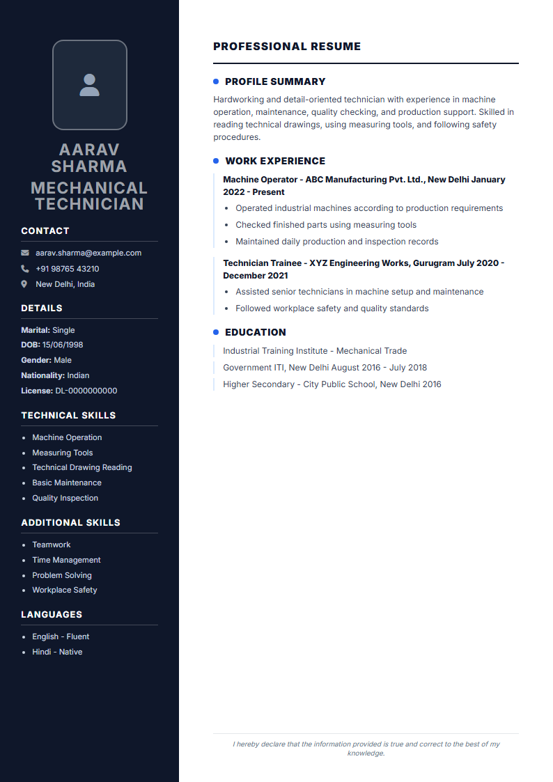 Actual sample of the modern resume with a dark navy sidebar
