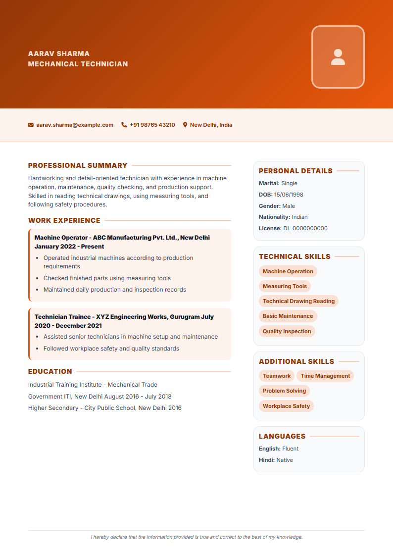 Actual sample of the resume with an orange header and highlighted skill tags