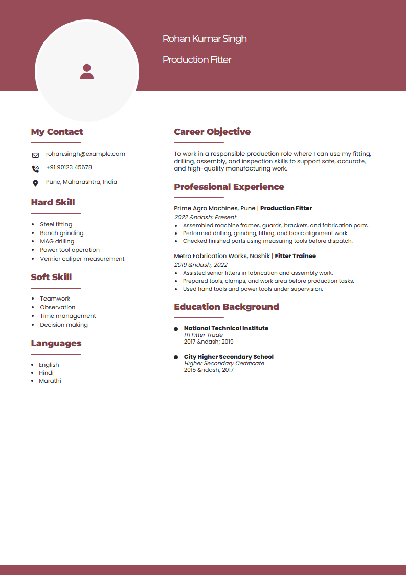 Actual sample of the maroon resume with circular photo and two-column layout
