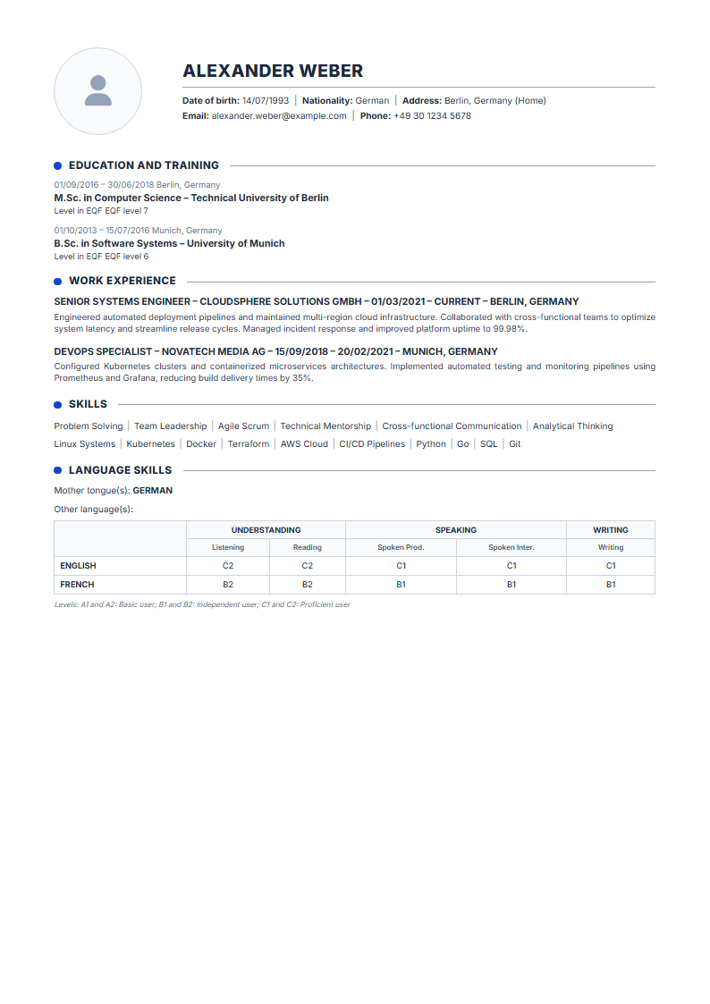 Actual sample of the Europass-inspired resume with education and CEFR language grid
