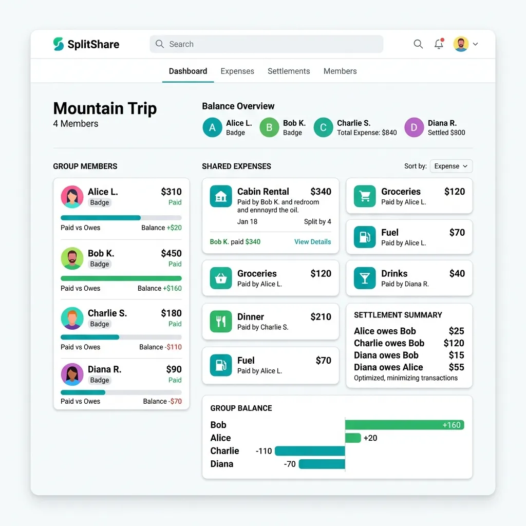 SHADER7 FairShare expense splitting tool showing group members, shared expenses, and optimized settlement summary