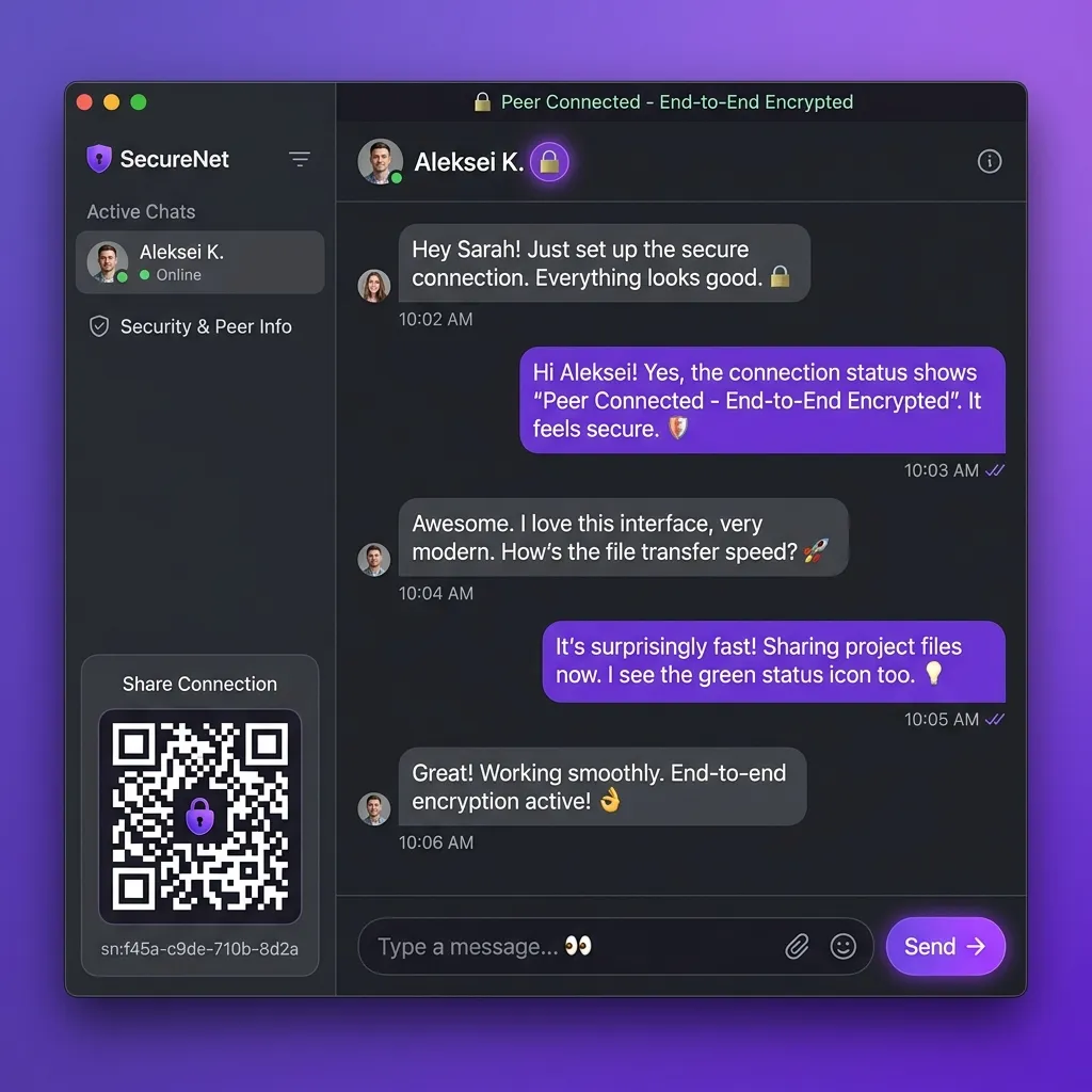 BerOfChat peer-to-peer encrypted messaging application with secure connection status