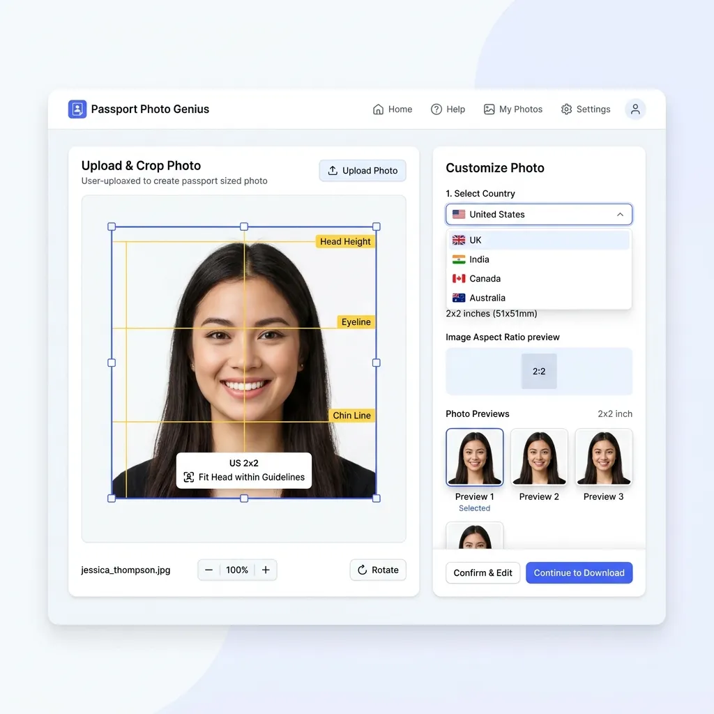 SHADER7 Passport Photo Maker showing country selection, guidelines, and automatic crop alignment