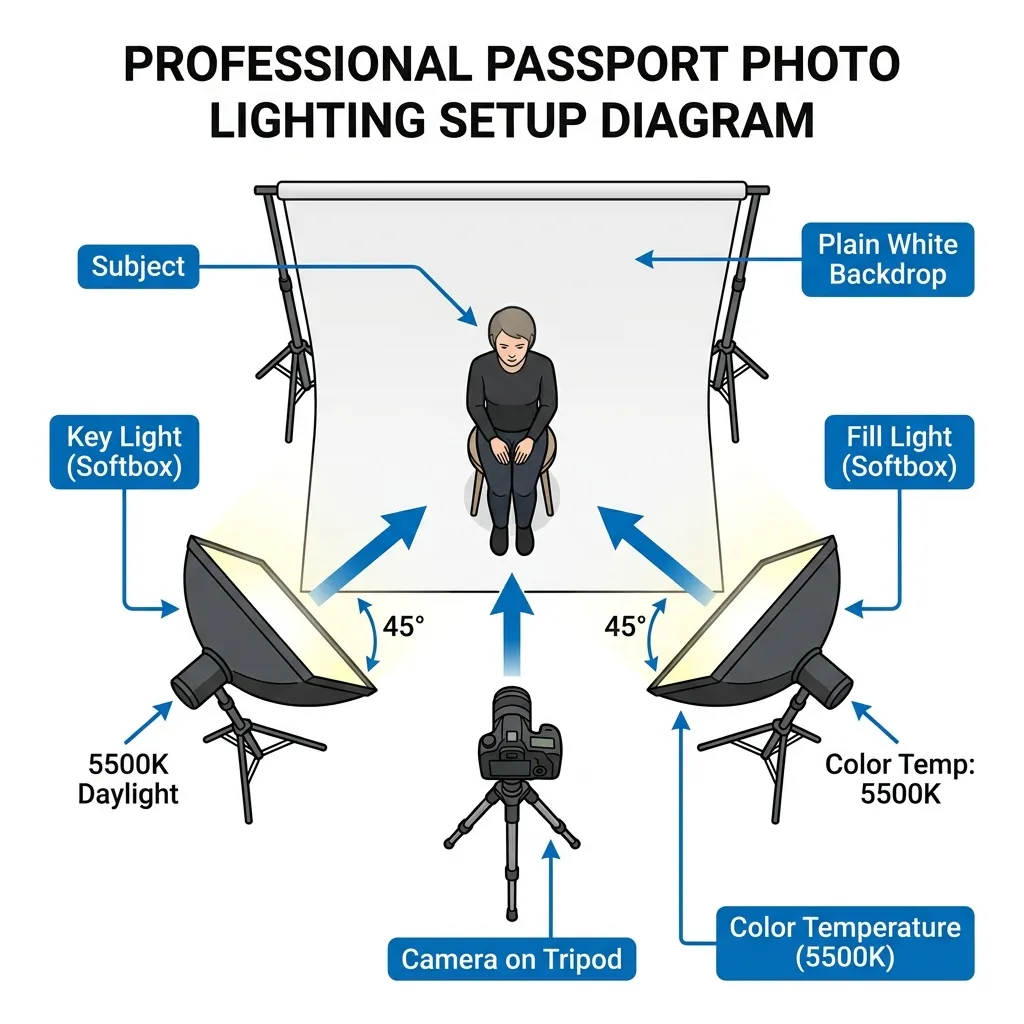 Symmetrical lighting setup showing dual key lights at 45 degree angles