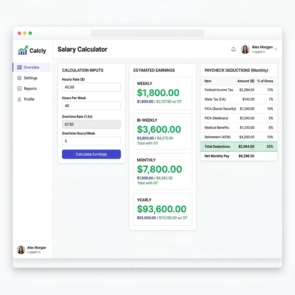 SHADER7 Salary Calculator interface showing hourly rate conversion to weekly, monthly, and yearly income
